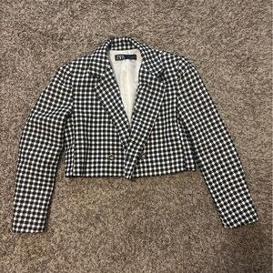 Zara Black and White Cropped Gingham Blazer